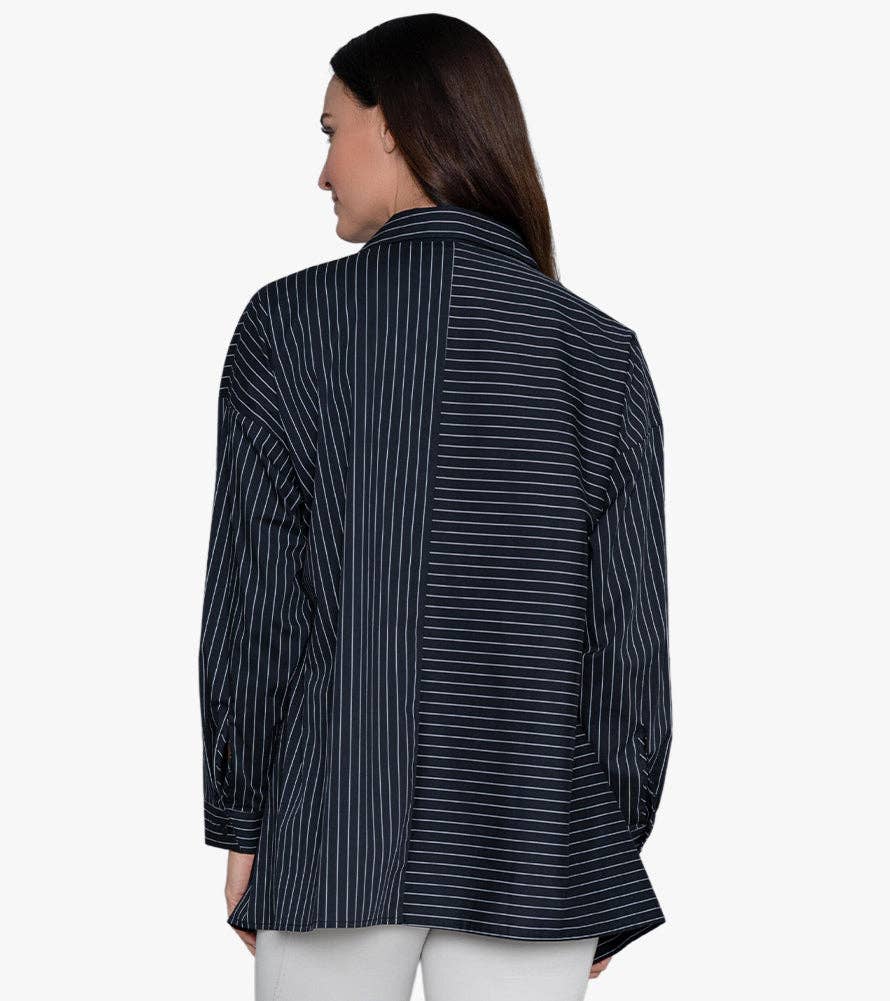 Women's Oversized Stripe Button-Front Top Attitude Shirt: L/XL / BLACK YARN DYE STRIPE