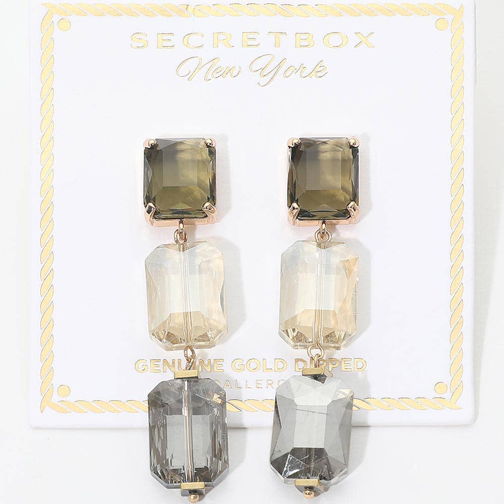 SECRET BOX_Geuine Gold Dipped Triple Rectangle Stone Link Drop Statement Earrings
