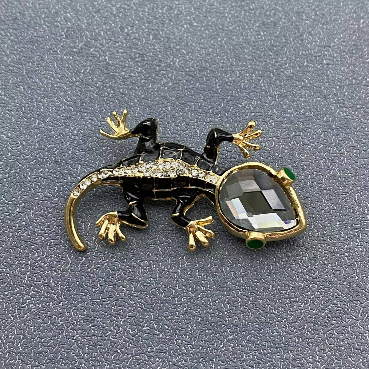 Rhinestone Black Enamel Gecko Brooch