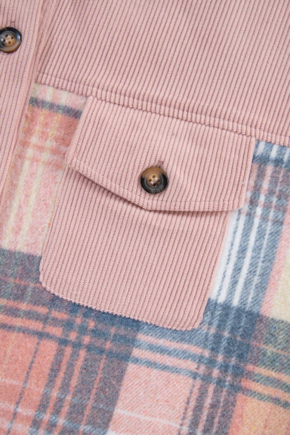 Plaid Corduroy Patchwork Chest Pocket Shacket: Light Pink