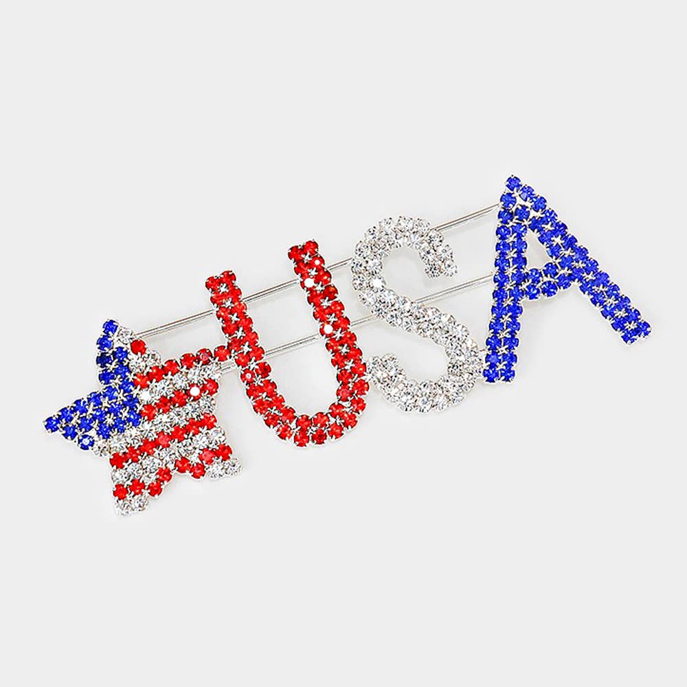 "USA" crystal rhinestone American flag star brooch