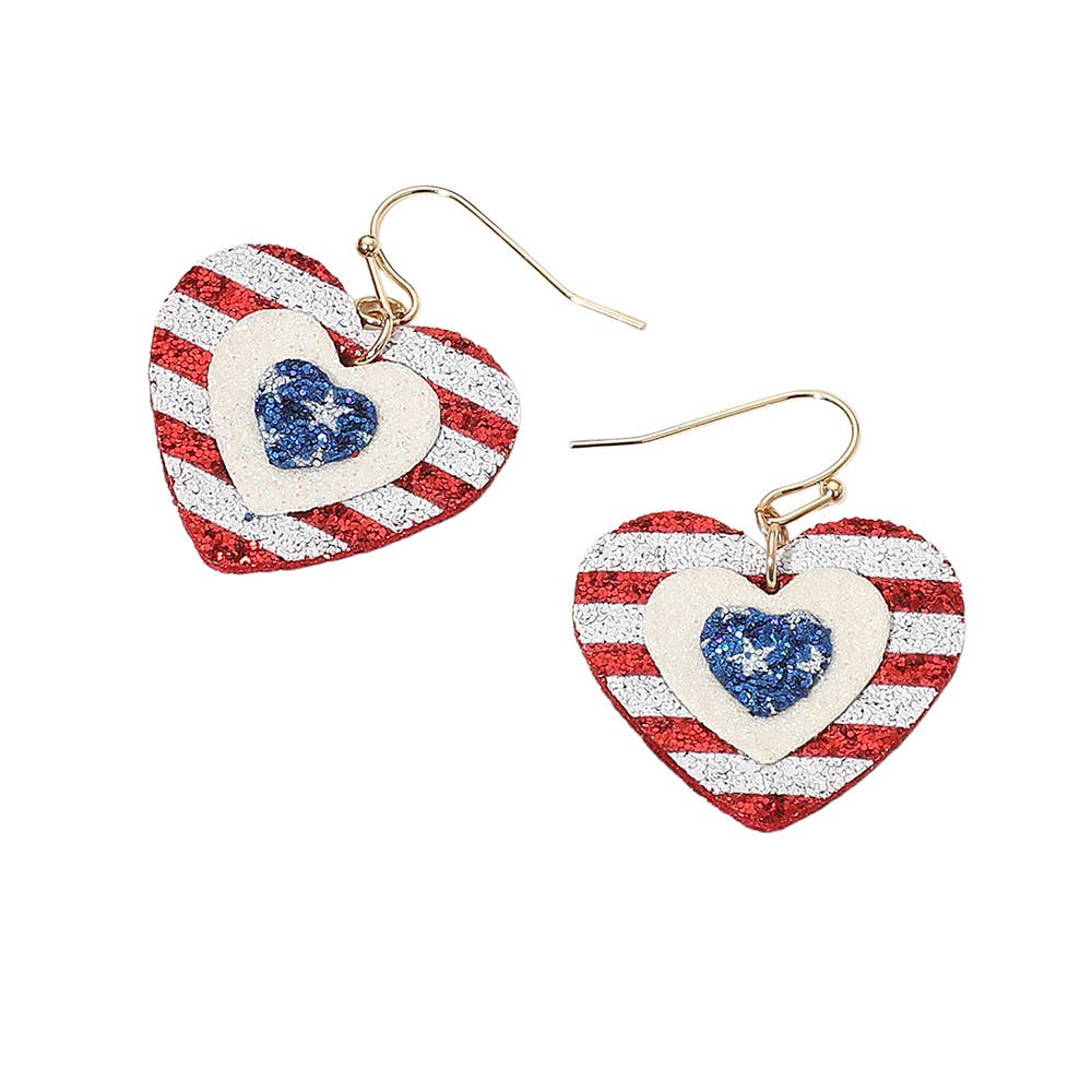Glittered American USA Flag Heart Dangle Earrings