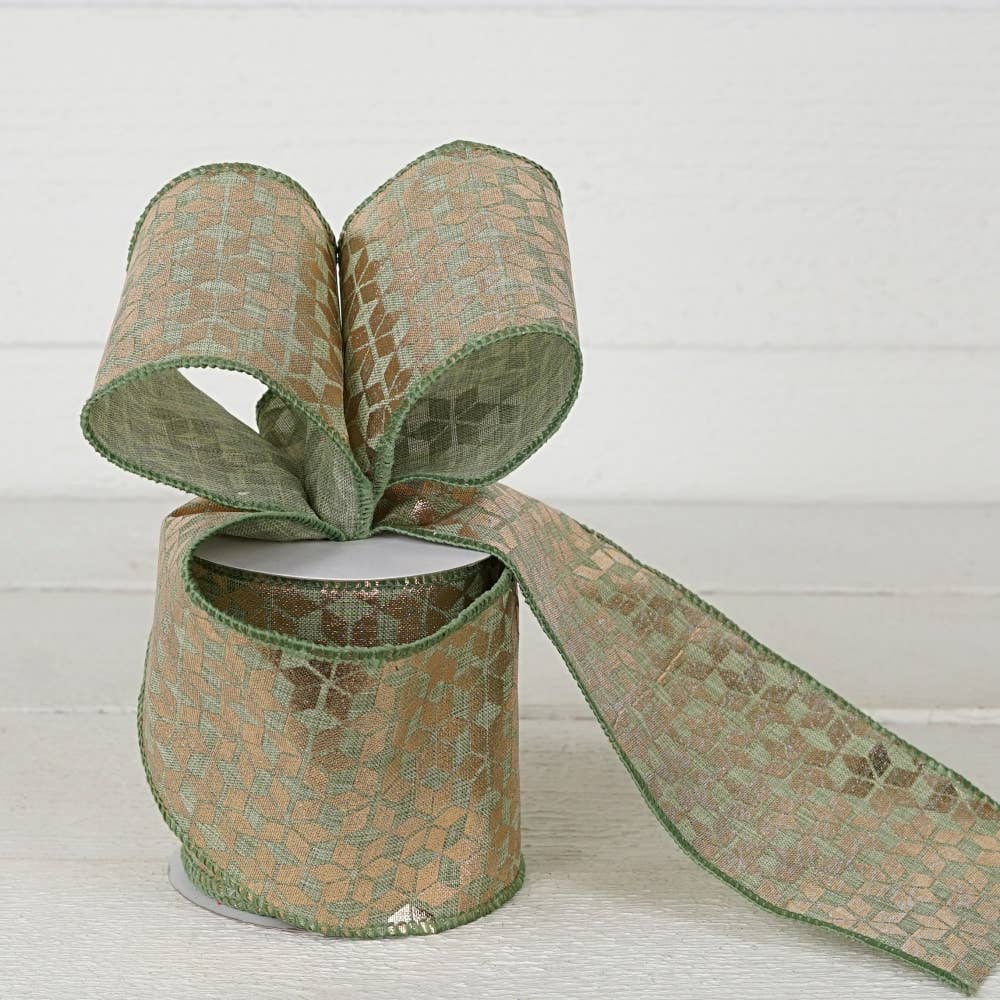 Wired Ribbon-Sage Green w. golden hexagon (4inW)