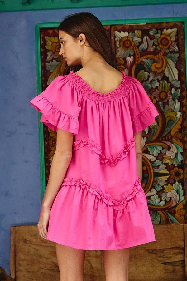 Frill Trim Tiered Babydoll Swing Dress: Fuchsia