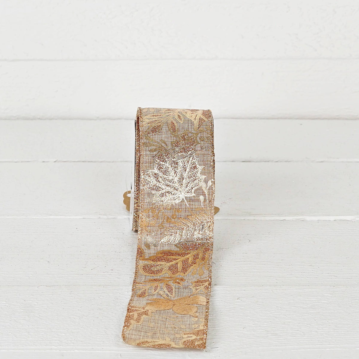 Wired Ribbon-Burlap-Metallic golden leaves (2.5inW)