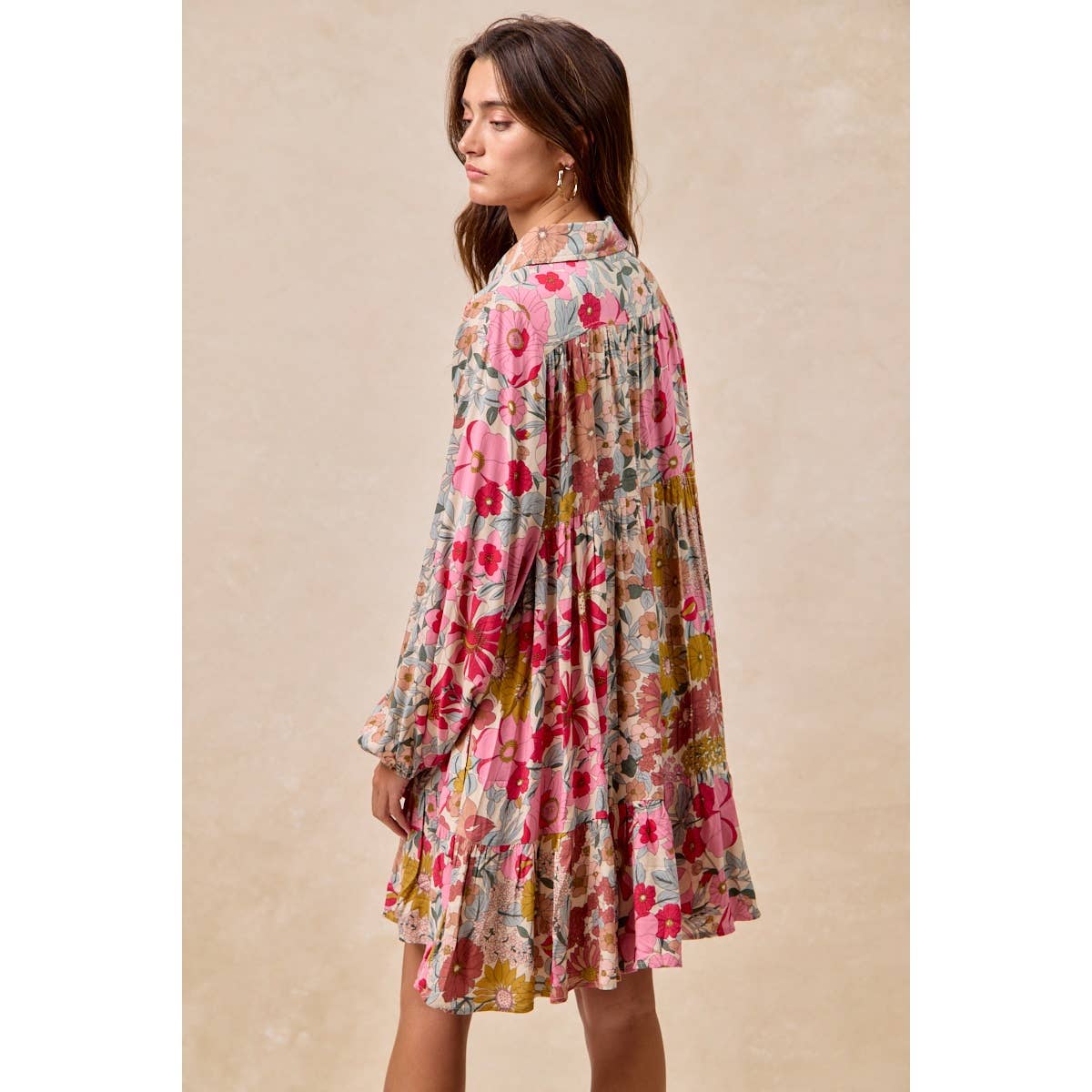 FLORAL PRINT SHIRRING BUTTONED TIERED SHIRT DRESS
