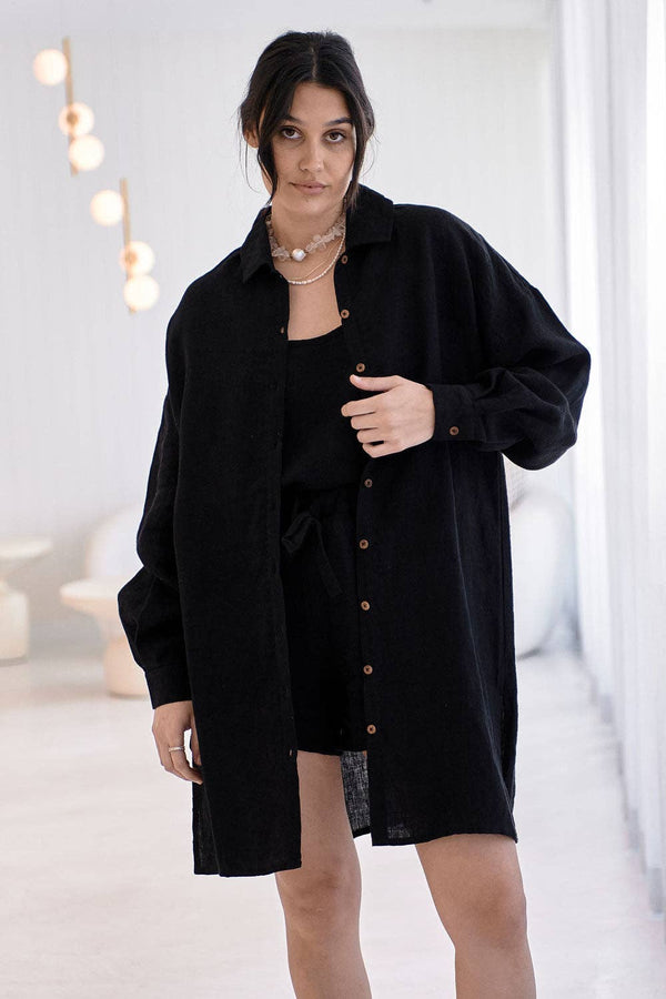Linen Shift Dress - Black: Black / M/L
