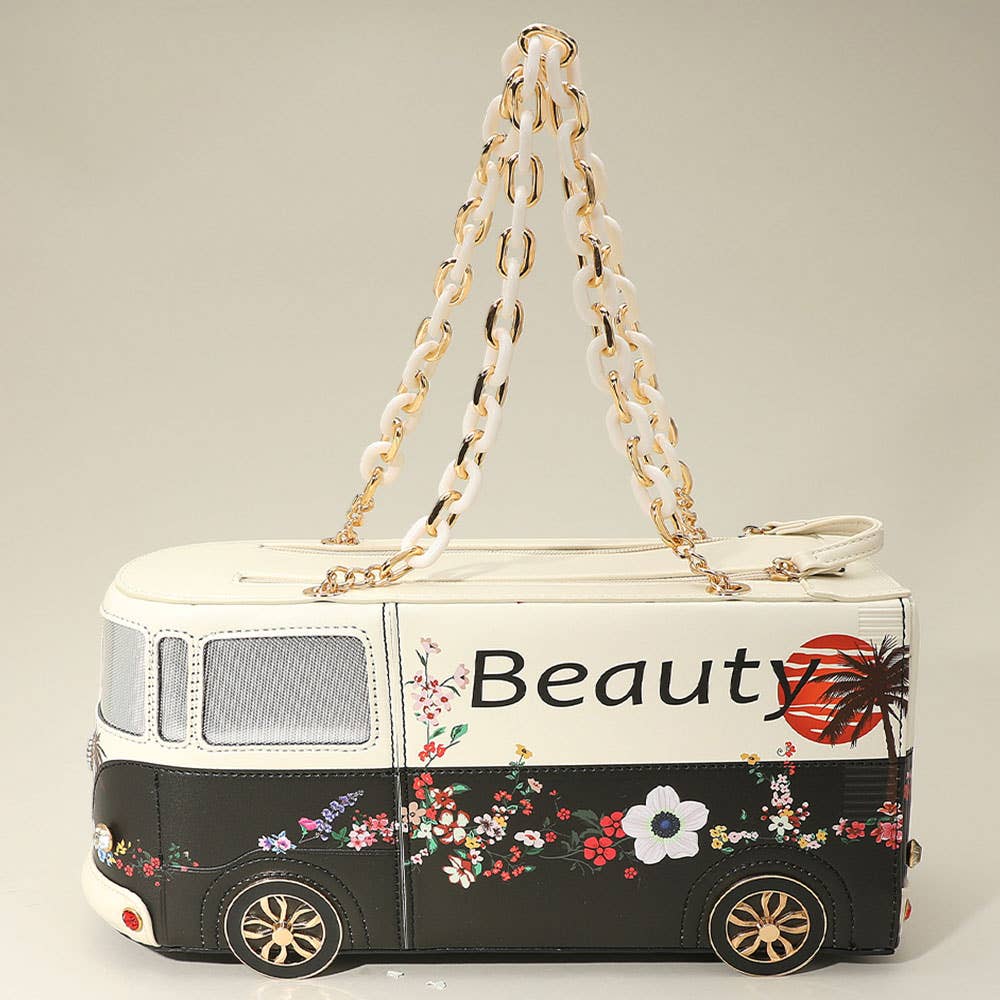 Faux Leather Floral Beauty Bus Chain Strap Bag