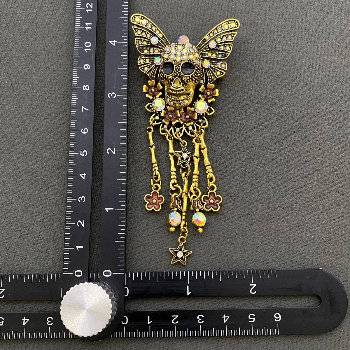 Vintage Rhinestone Inlaid Skull Butterfly Brooch