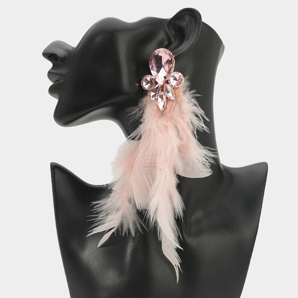 Bold Teardrop Stone Accent Feather Drop Statement Earrings