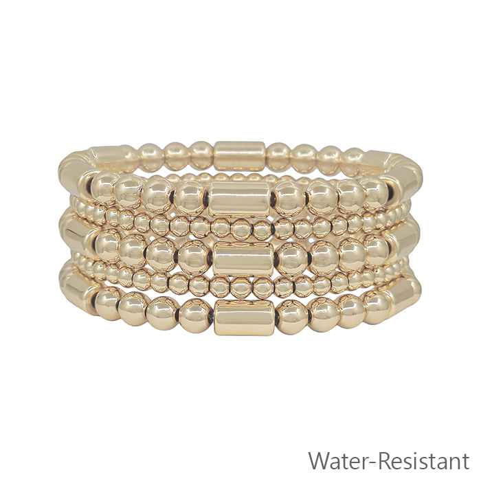 Gold 6MM Beaded and Gold Cylinder Stretch Bracelets