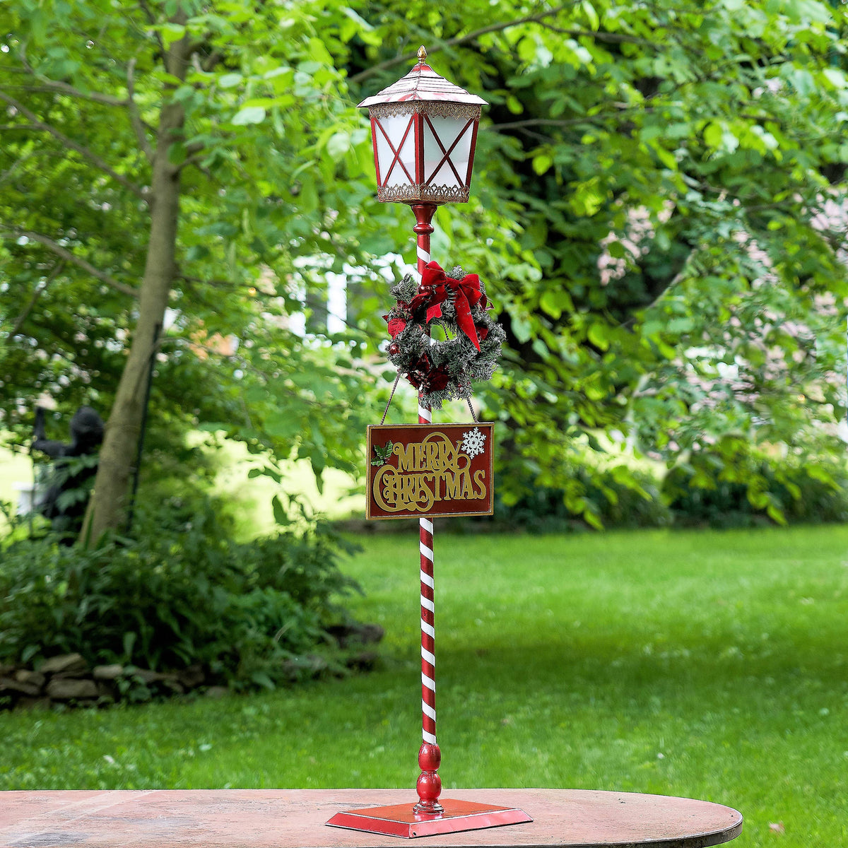 59" Tall Standing Iron Lantern with LED Lights and Wreath