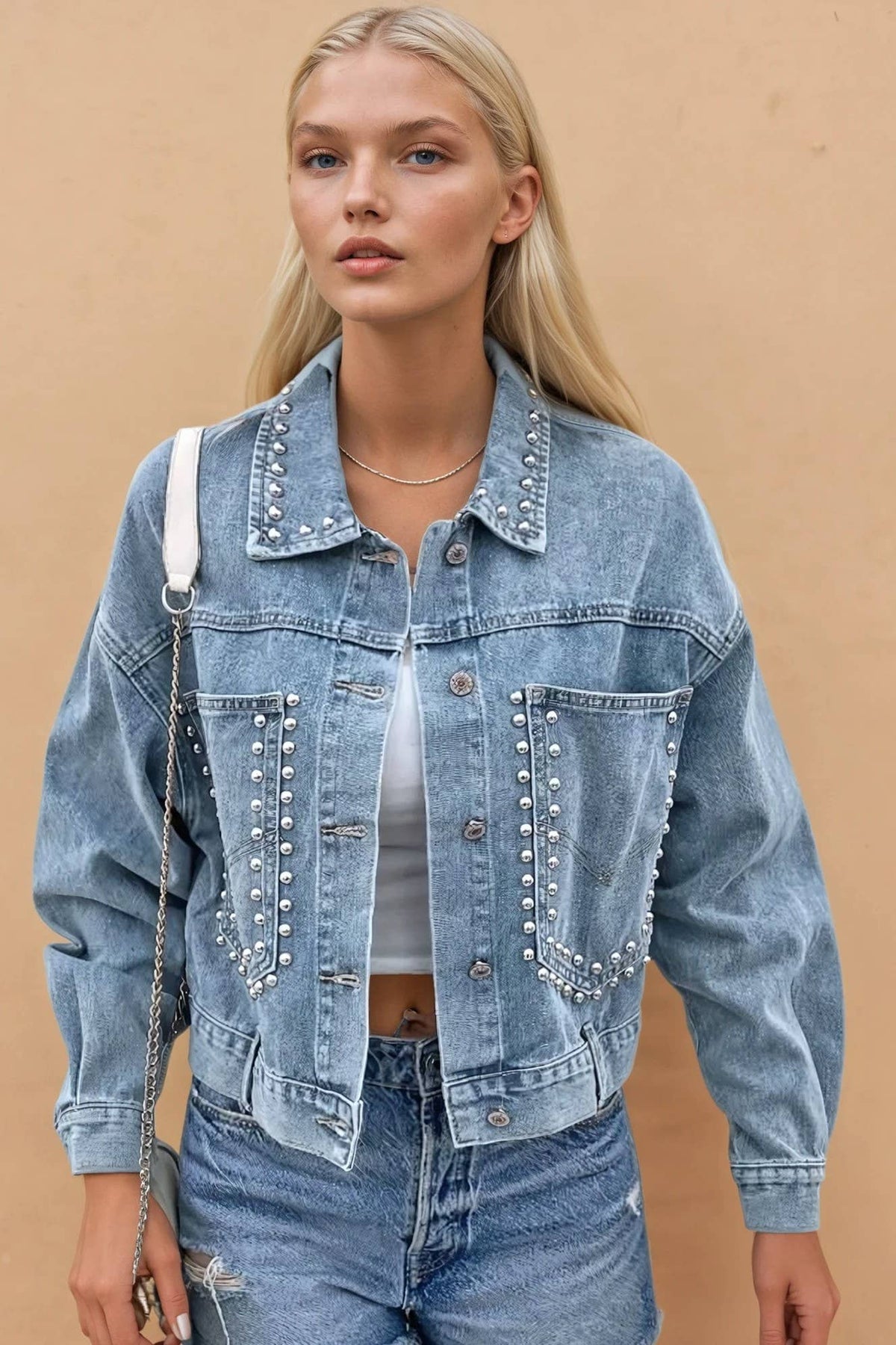 STUDDED CROPPED WASHED DENIM JACKET