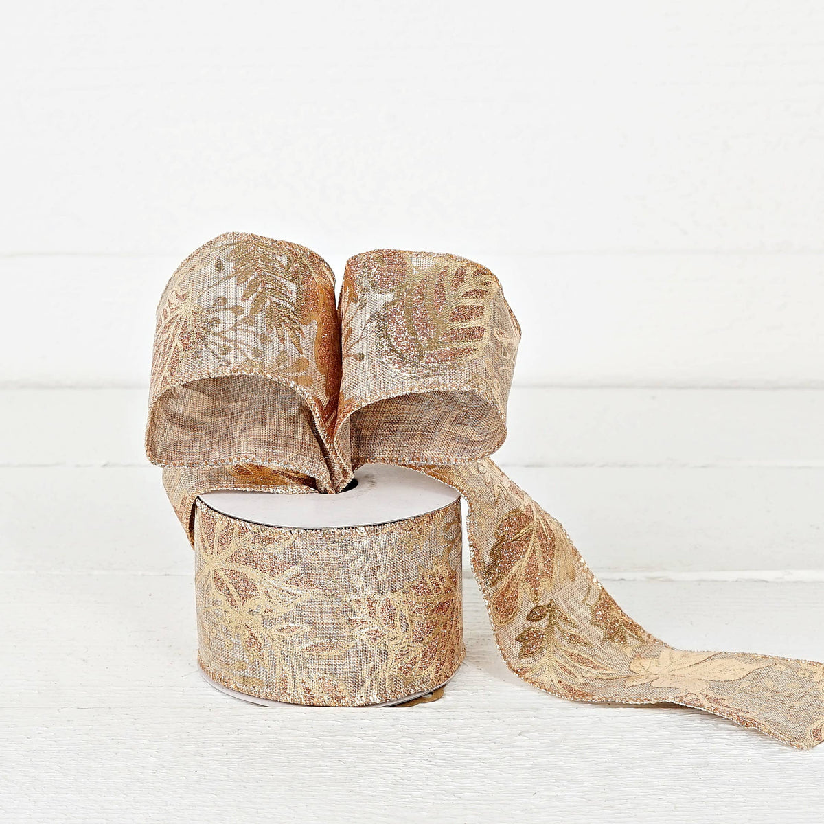 Wired Ribbon-Burlap-Metallic golden leaves (2.5inW)