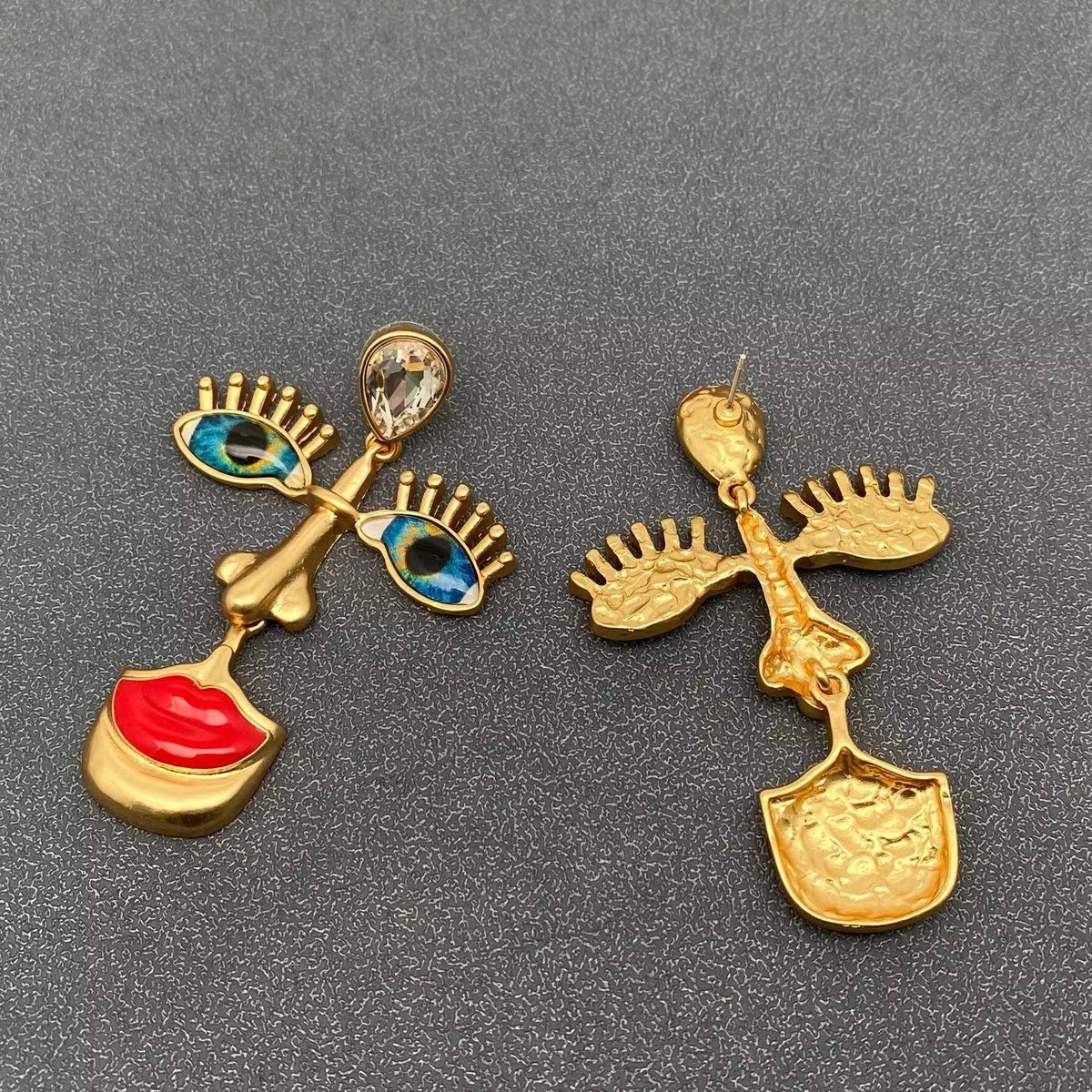Nose Eyes Red Lips 18K Golden Abstract Face Dangle Earrings