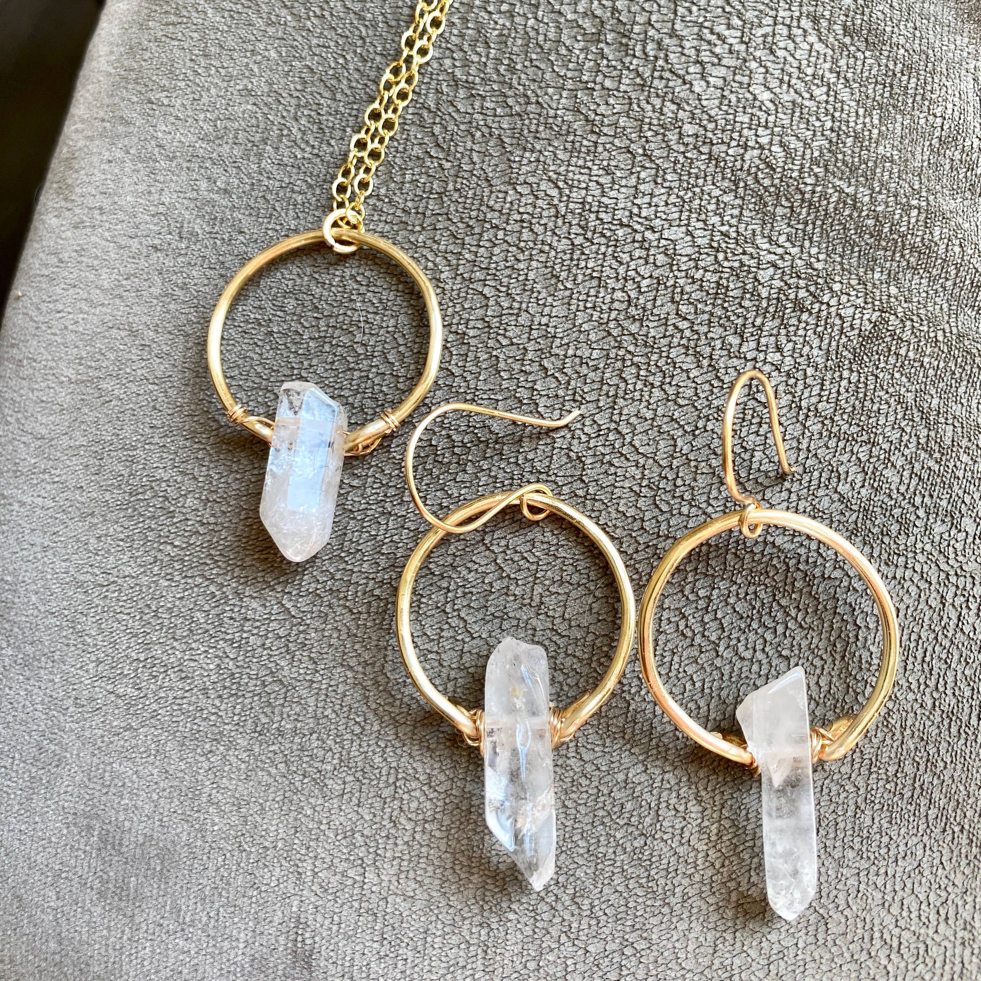 Quartz - Crystal Quartz Hoop Earrings and Necklace Gift Set : Gold Plated