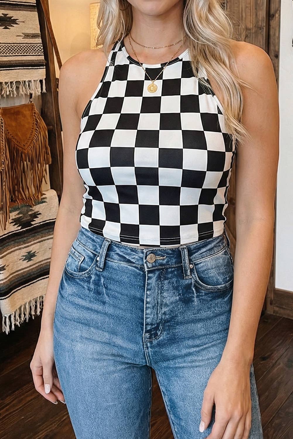 Spring Summer Checkerboard Printed Slim Tank Top
