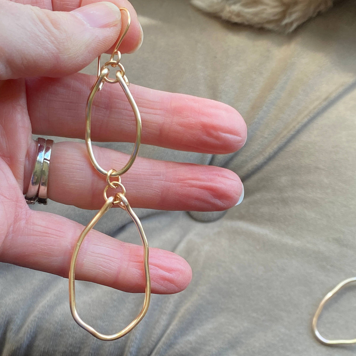 Double Hoop Organic Oval Gold Earrings Handmade: Yellow Gold