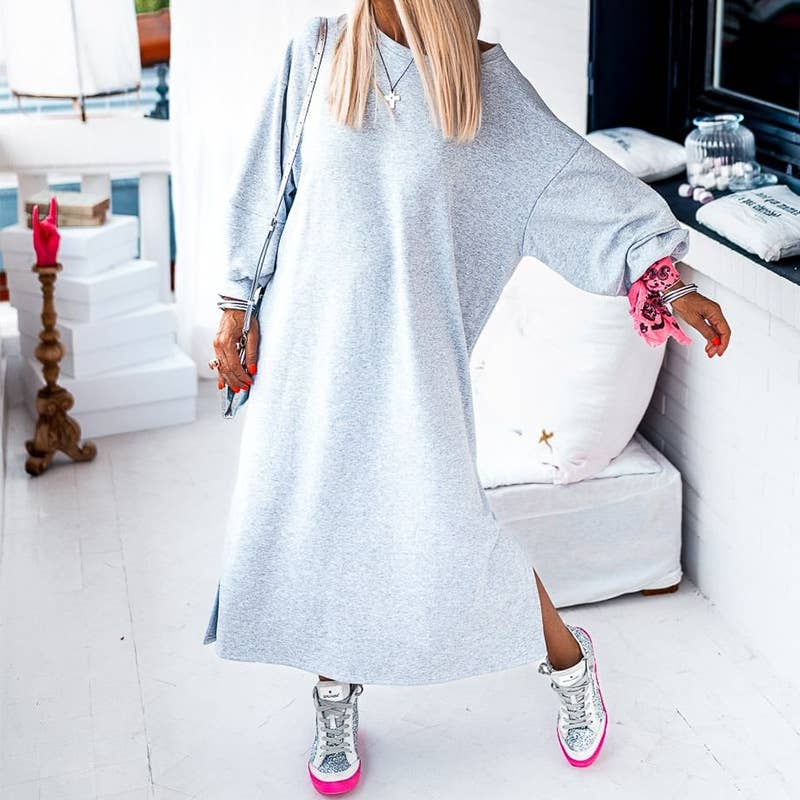 FASHION SOLID COLOR CASUAL LONG SLIT DRESS: GREY