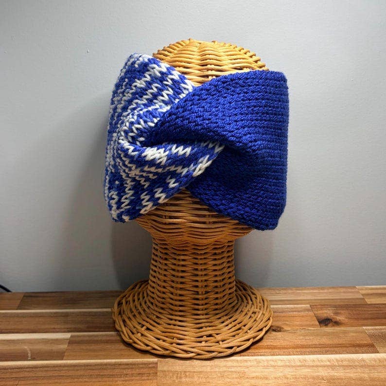 Royal Blue &amp; White Game Day Knit Headband, handmade in USA