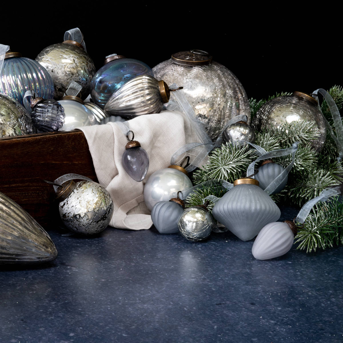 Set of 6 Small Silver 1" Crackle Glass Christmas Baubles