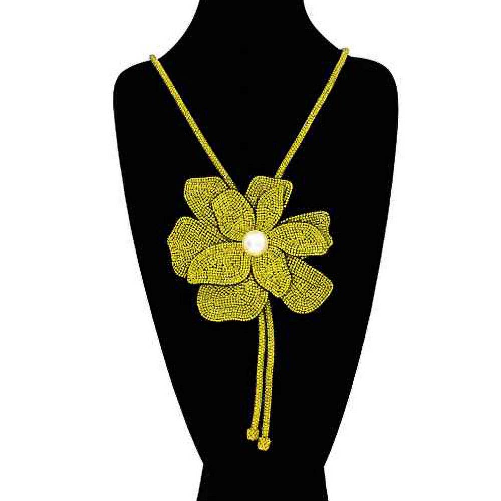 Pearl Centered Bling Studded Flower Pointed Bolo Tie Necklace