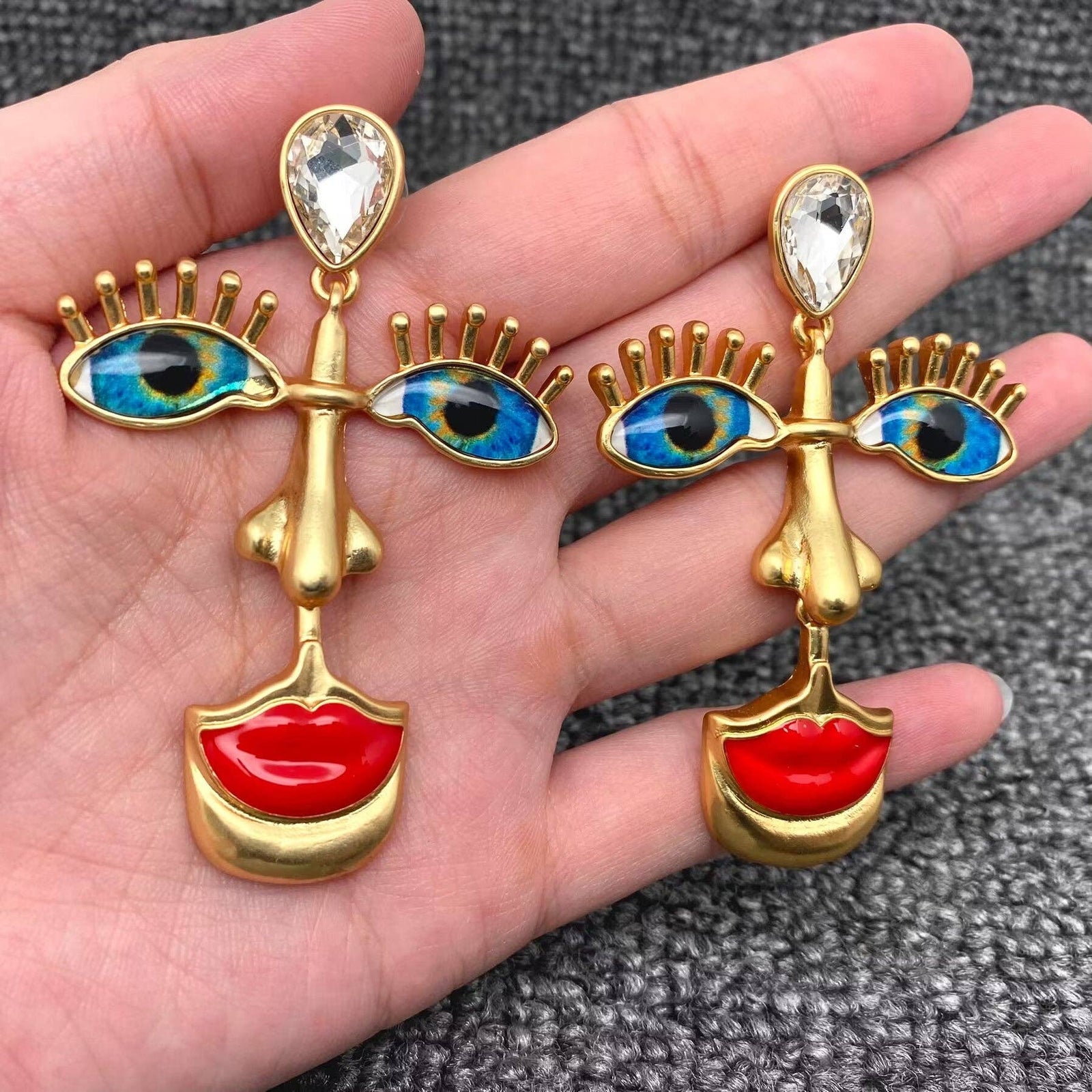 Nose Eyes Red Lips 18K Golden Abstract Face Dangle Earrings