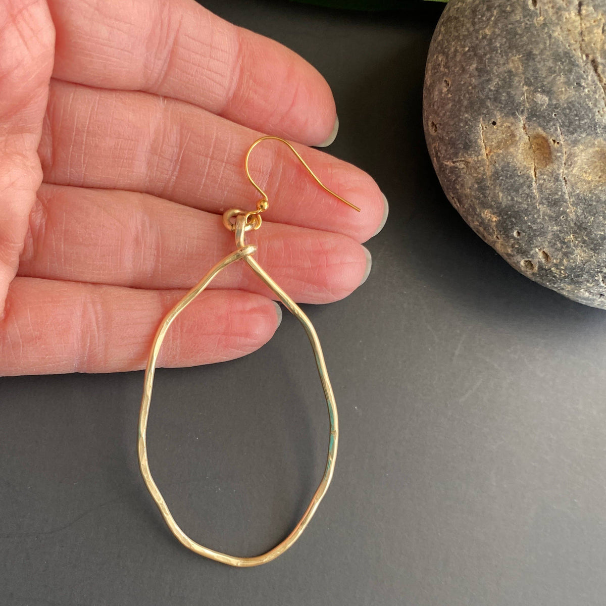 Large Gold  Hammered Wavy Oval Hoop Earrings: Silver Wire