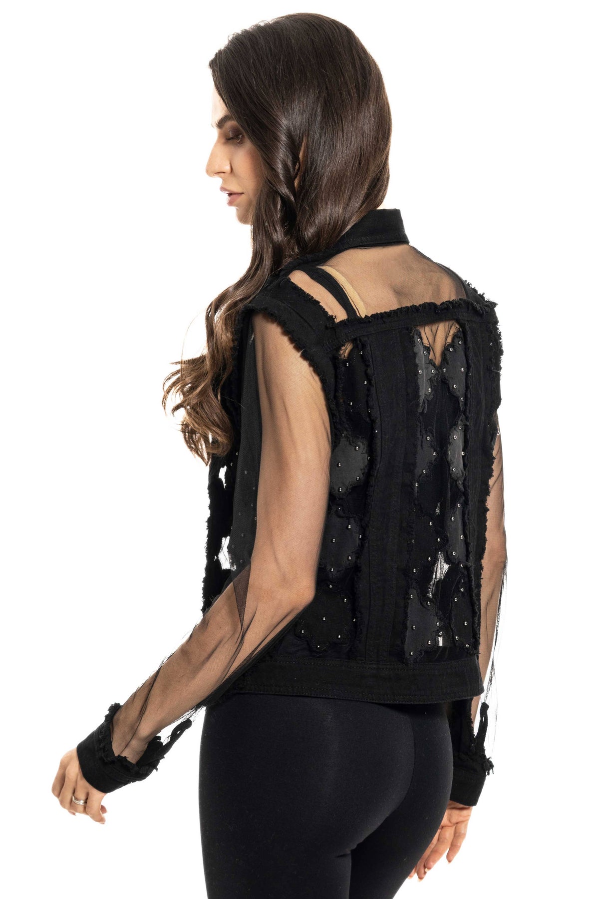 Studded Black Denim Mesh Jacket