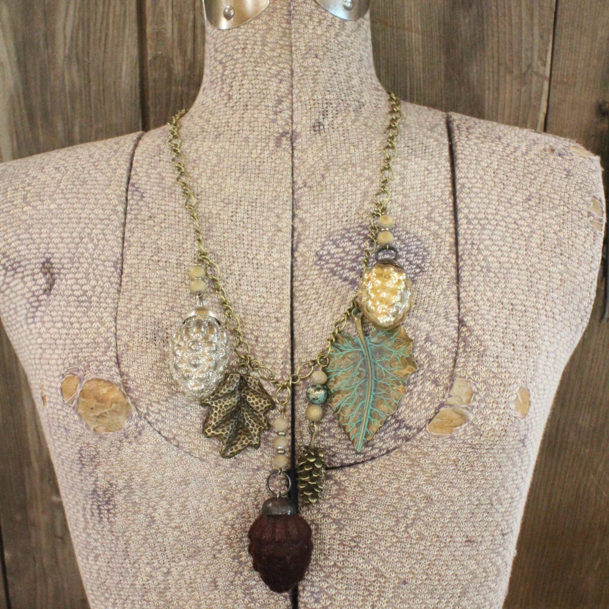 Flock Together Chocolate Pinecone &amp; Leaves Charm&#39;d Necklace