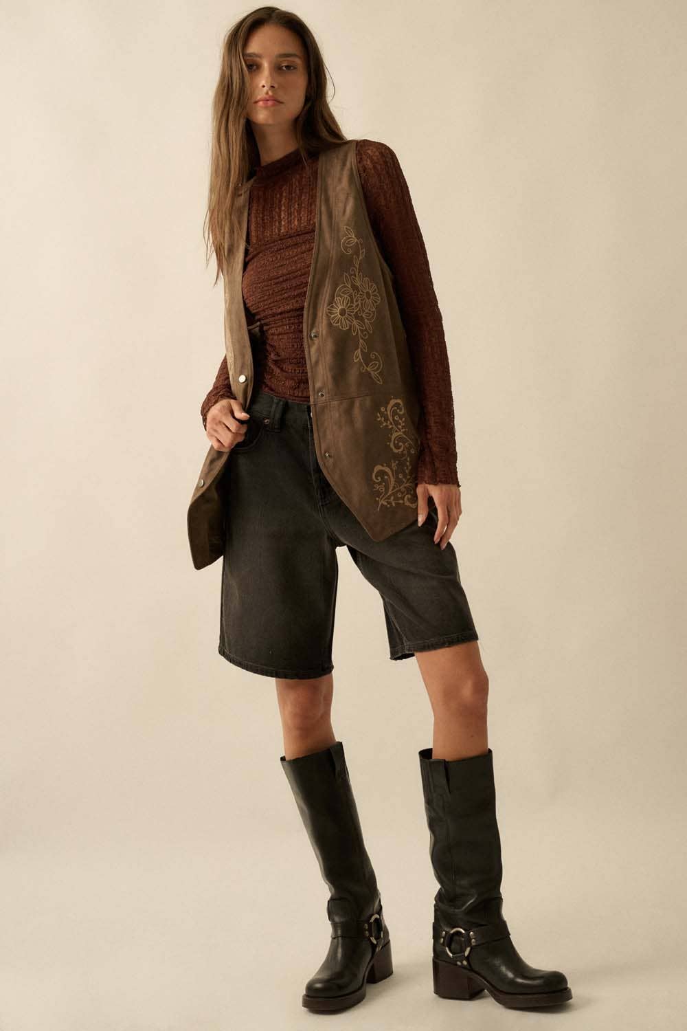 Floral-Embroidered Faux Suede Snap-Front Vest