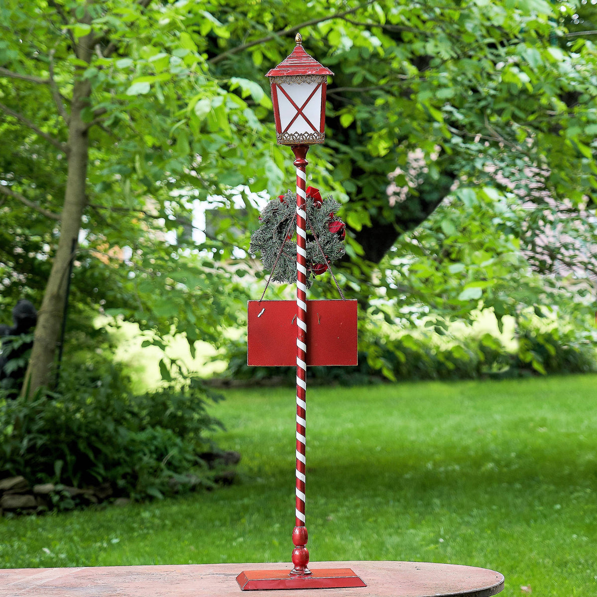 59" Tall Standing Iron Lantern with LED Lights and Wreath