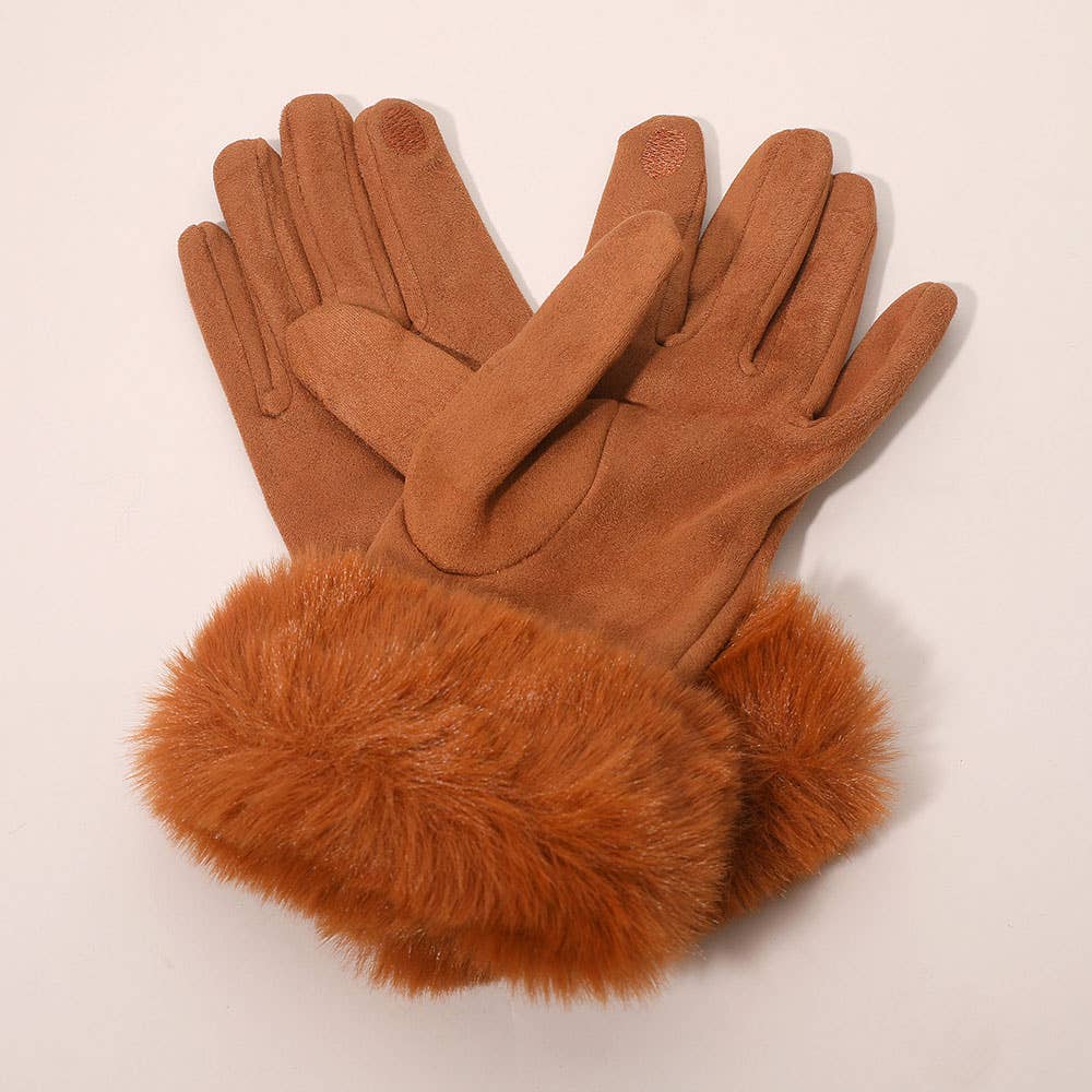 Rhinestone Flower Embellished Faux Fur Cuff Smart Touch Winter Gloves