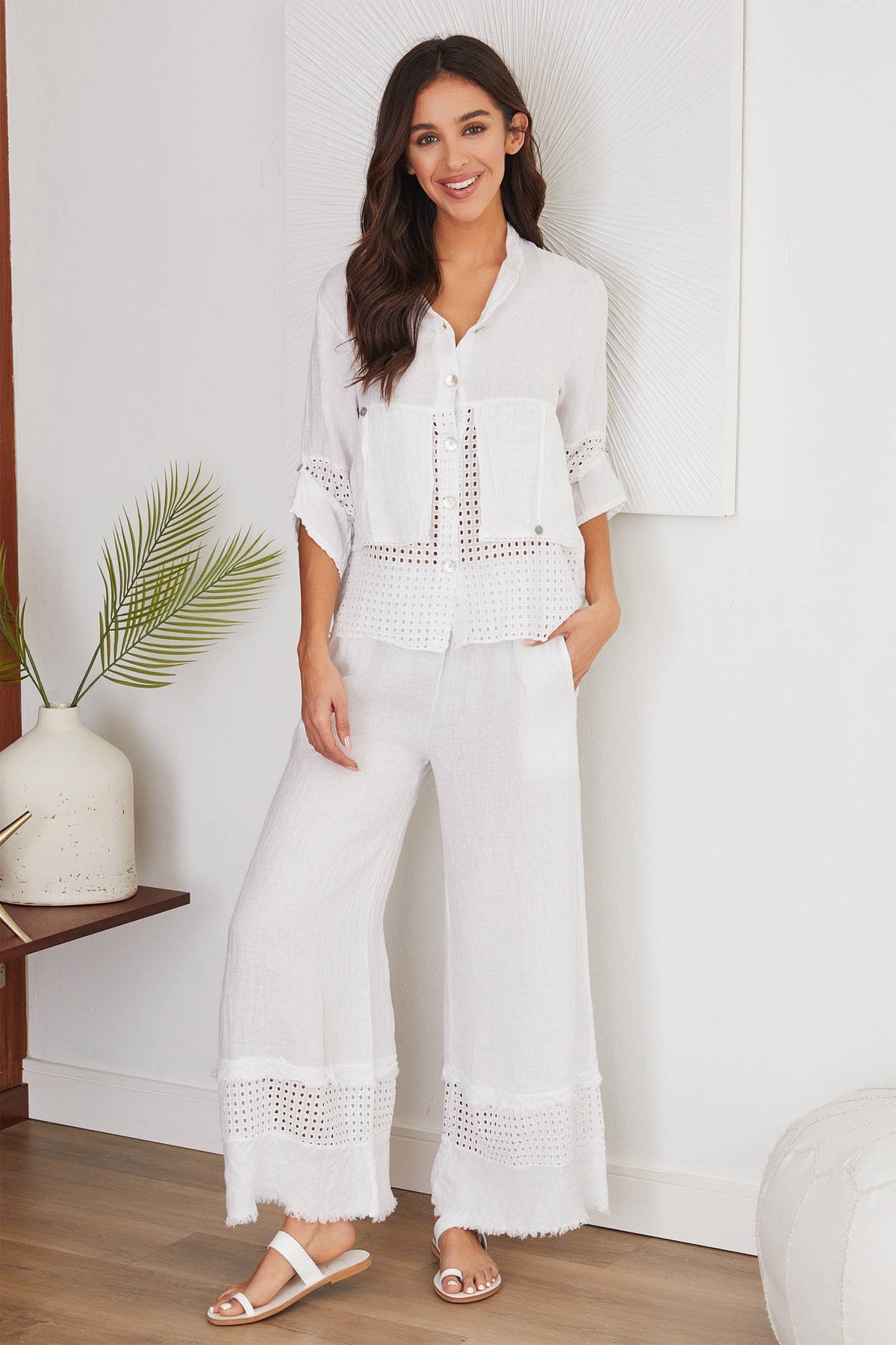 Eyelet Contrast Layered Button Down Top: White