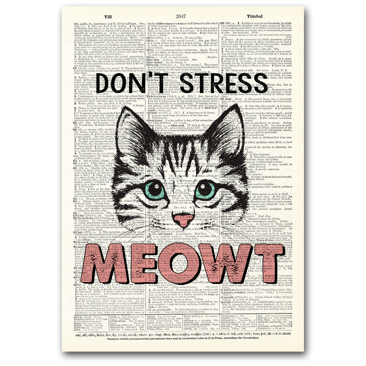Art Print | Dictionary Page | Vintage | Don't Stress Meowt