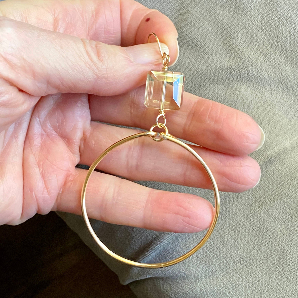 Large Smooth Gold  Hoop Champagne Crystal Earrings Sparkle: Champagne / Gold Hoops