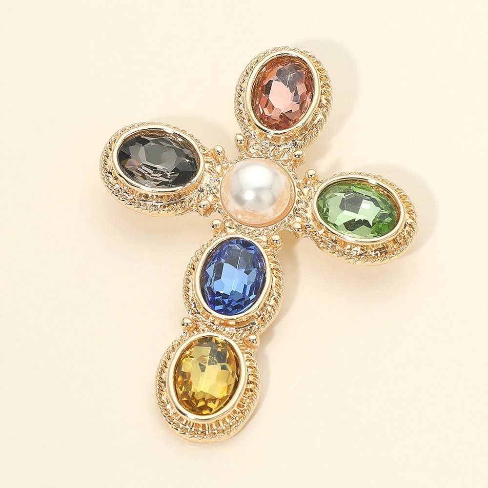 Pearl Oval Stone Vintage Cross Pin Brooch