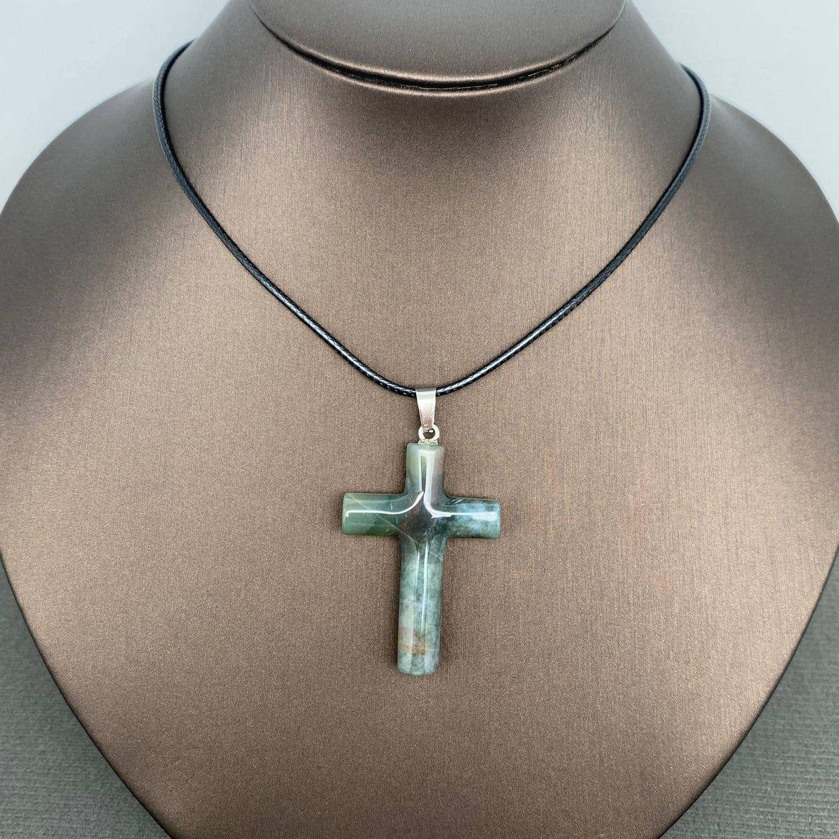 Stone Cross Charm Black Waxed Cord Necklace - CS