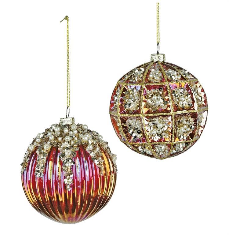 Pearl & Gem Decorated Ball Orn, 2asst, 4.5", Burgundy