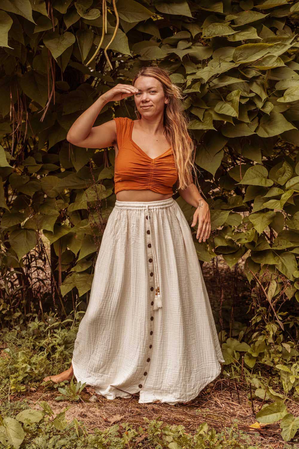 Forest Fiber Tencel Boho Yoga Crop Top, Cinch Crop Bra Top: Honey Ginger