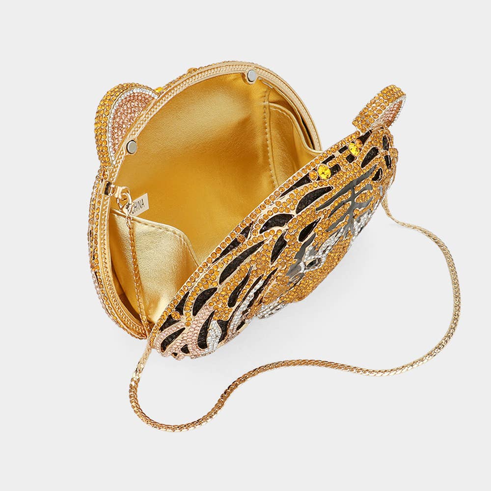 Stone Embellished Tiger Evening Clutch Bag