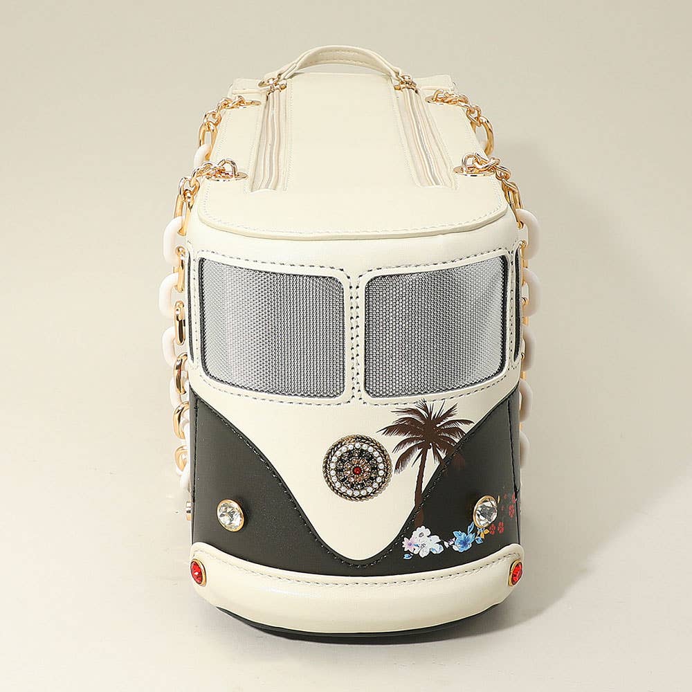 Faux Leather Floral Beauty Bus Chain Strap Bag