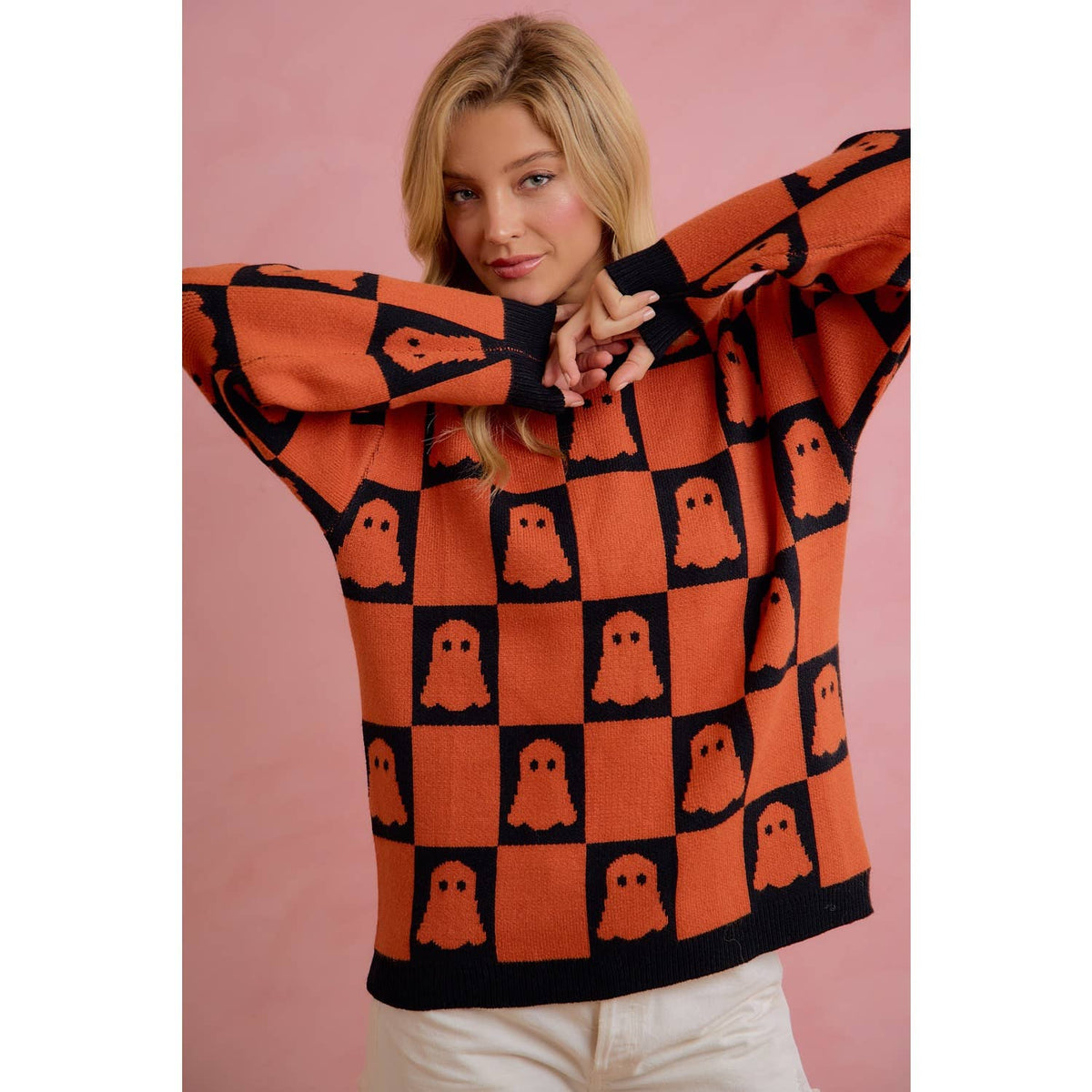 HALLOWEEN GHOST CHECKERBOARD KNIT SWEATER