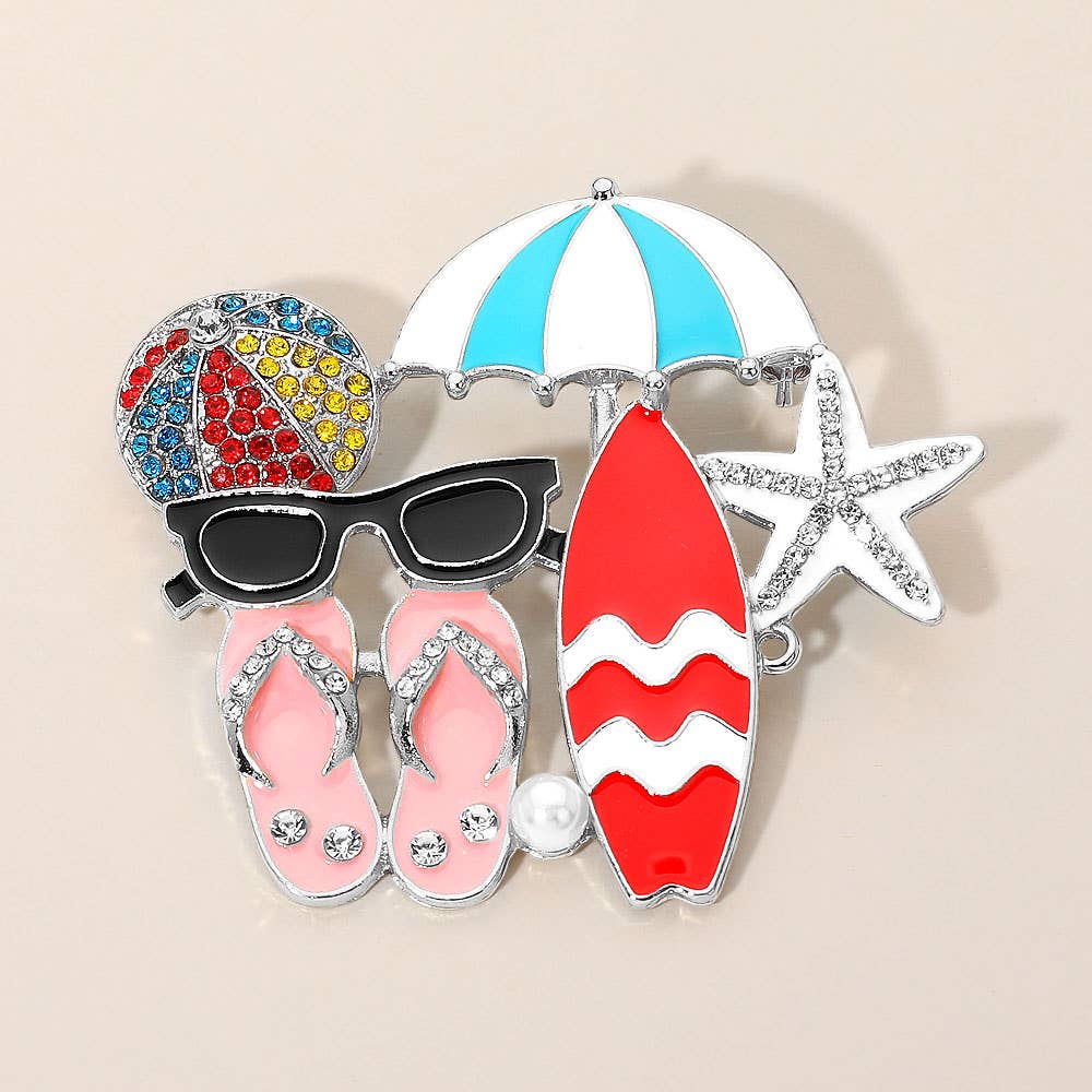 Rhinestone Pave Pearl Enamel Beach Theme Pin Brooch