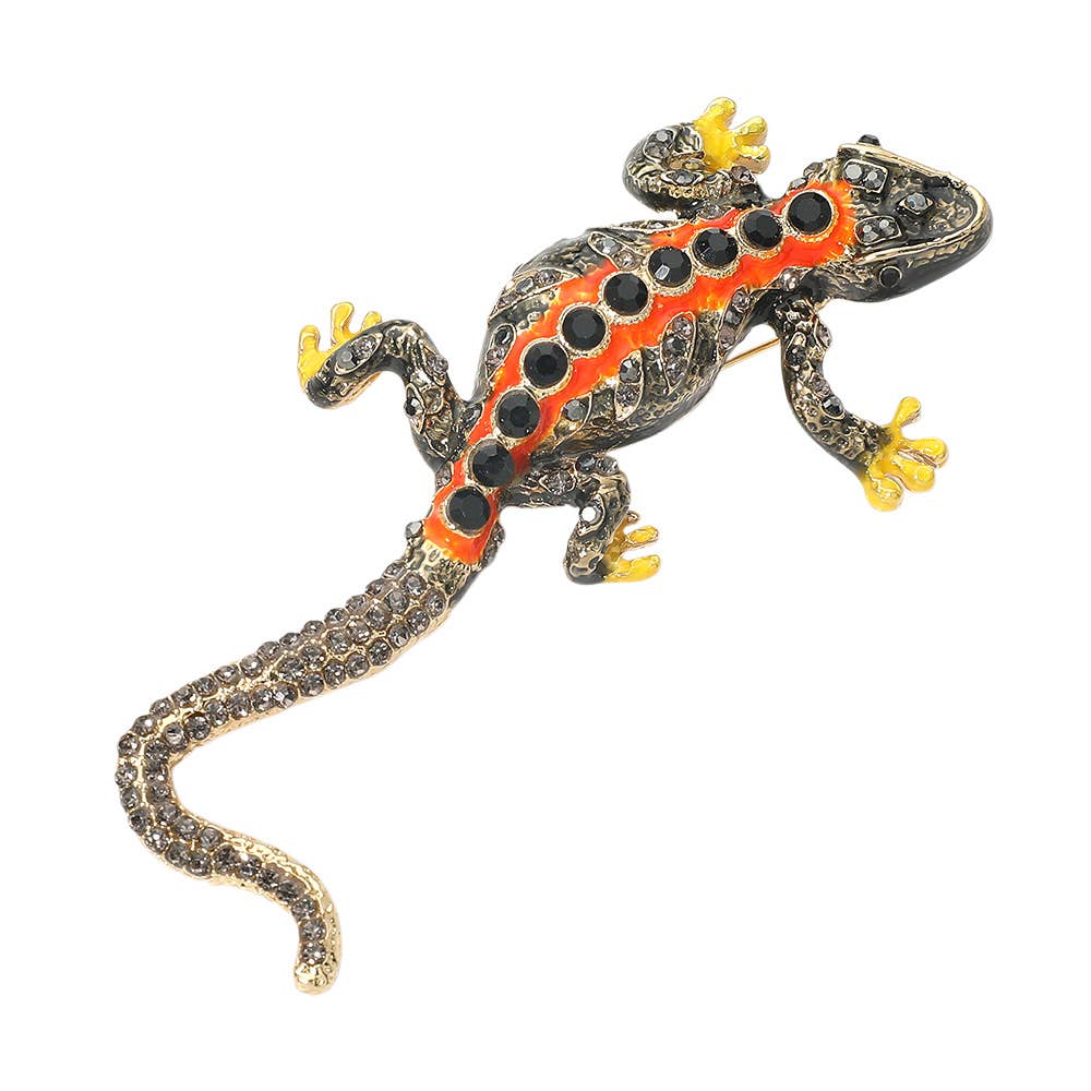 Rhinestone Embellished Enamel Lizard Statement Pin Brooch