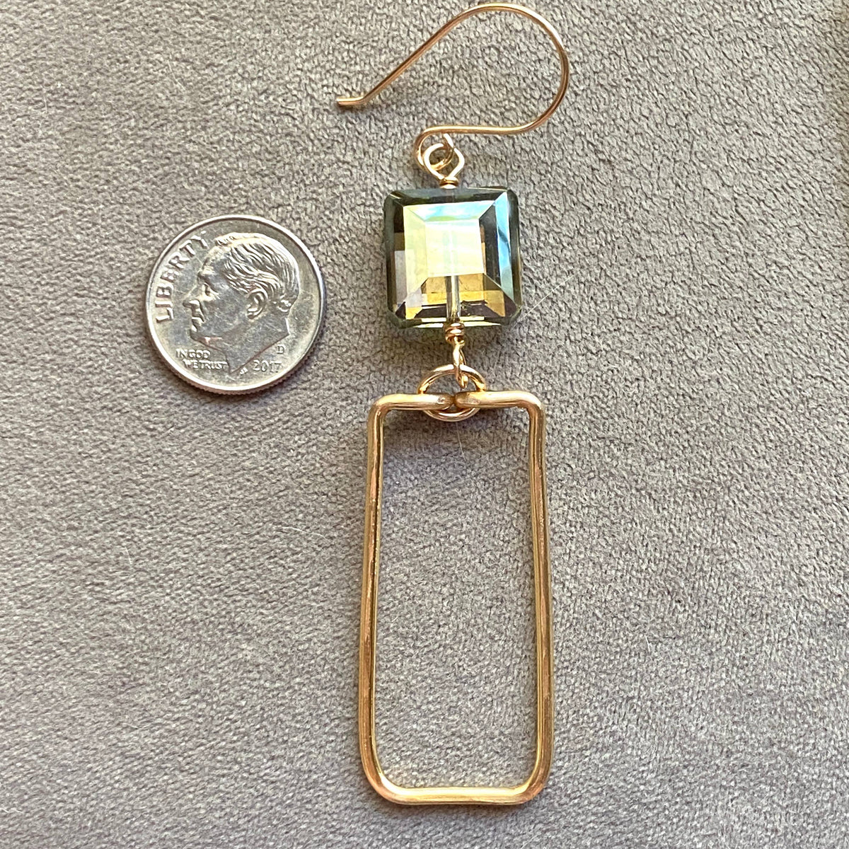 Green - Gold Hammered Rectangle and Square Crystal Earrings Green:
