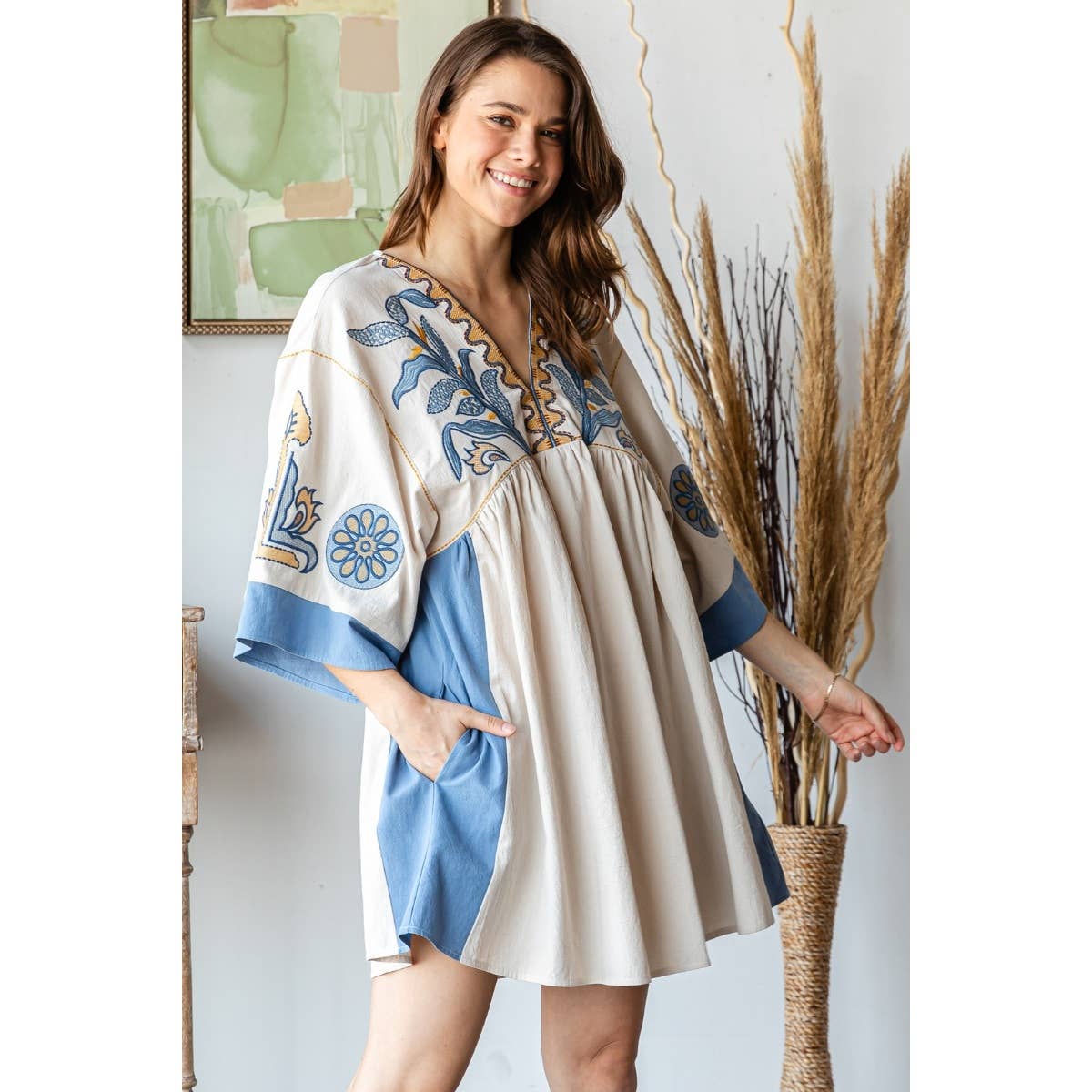 Vintage Embroidery Patch Dress: Vintage Blue