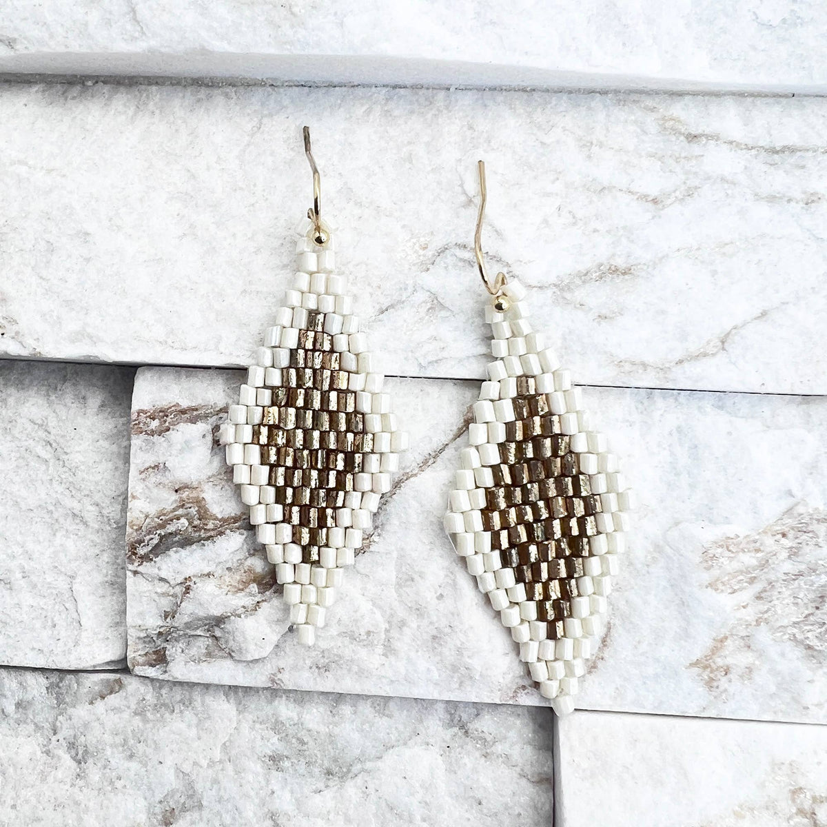 Seed Bead Diamond Shaped Earrings - Multiple Color Styles: Mustard &amp; Gold