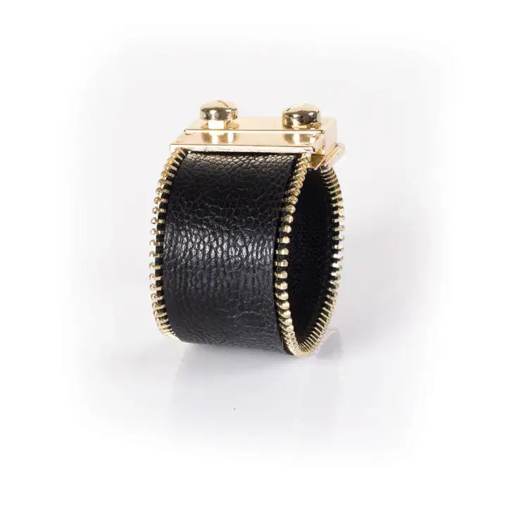 Bold Zip-Edge Leather Cuff Bracelet  Black &amp; Gold Hardware