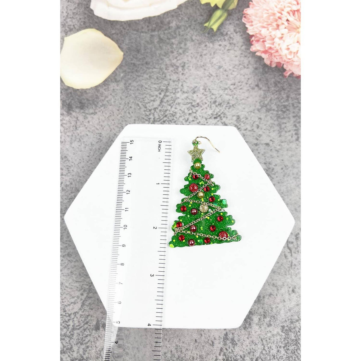 ACRYLIC CHRISTMAS TREE GLITTER HOOK EARRING: GREEN